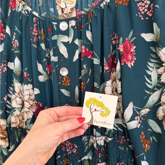 Anthropologie Fig & Flower Floral Plaid Forest Green Midi Dress Large NWT - Picture 8 of 9